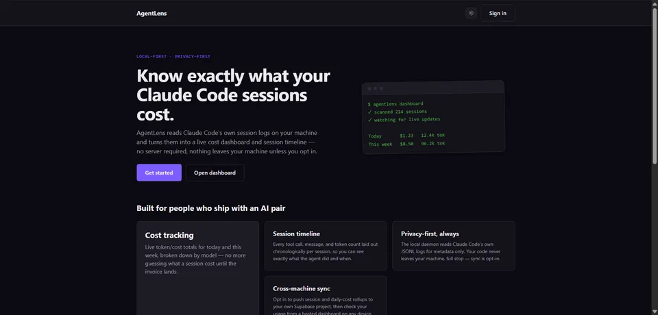 AgentLens landing page with live cost dashboard preview