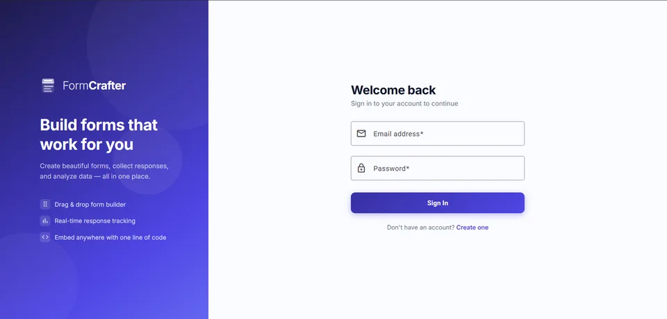 FormCrafter sign-in screen