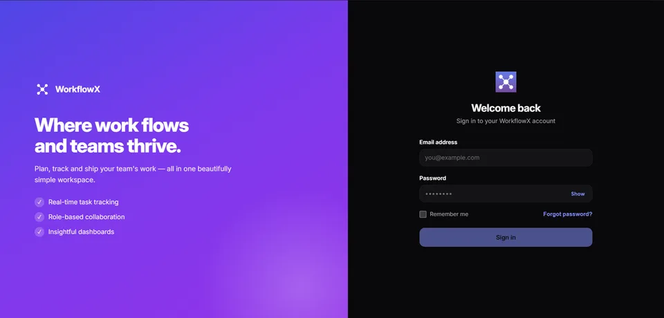 WorkflowX sign-in screen